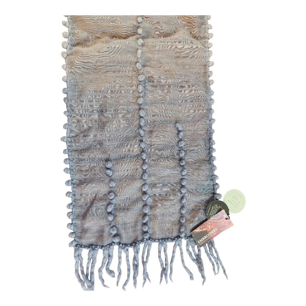 Dupatta‎ Orabella scarf wool silk blend NWT fringe pom pom blueish gray